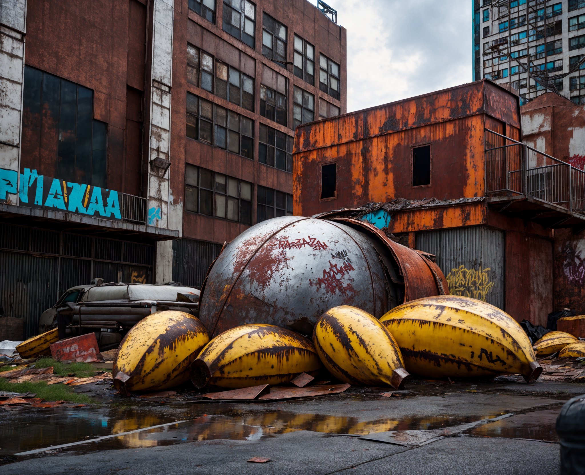 01193-109220853-(raw photo_1.2), a pile of rust rough metallic bananas sitting next to a building, ps5 cinematic, splashed with graffiti art, po.jpg